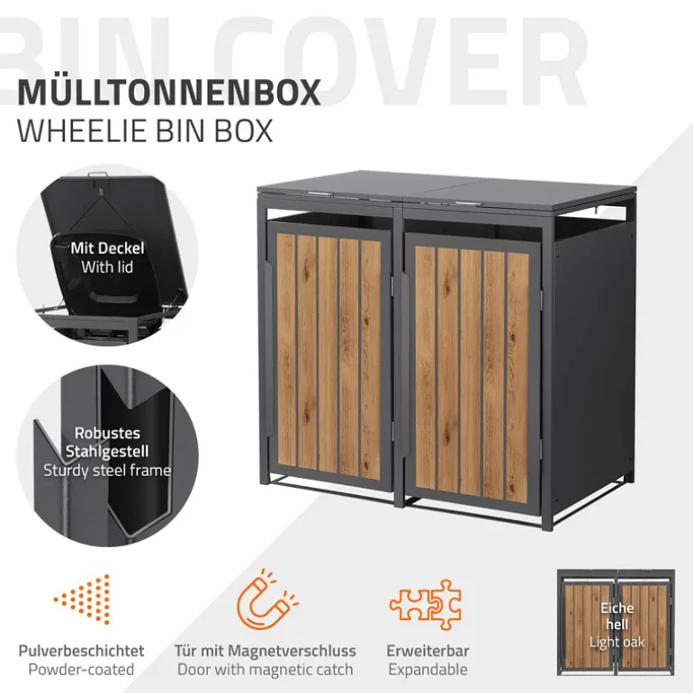 Mülltonnenbox 2er bis 240 Liter 132x80x120 cm aus Stahl in Anthrazit-Holzoptik ML-Design