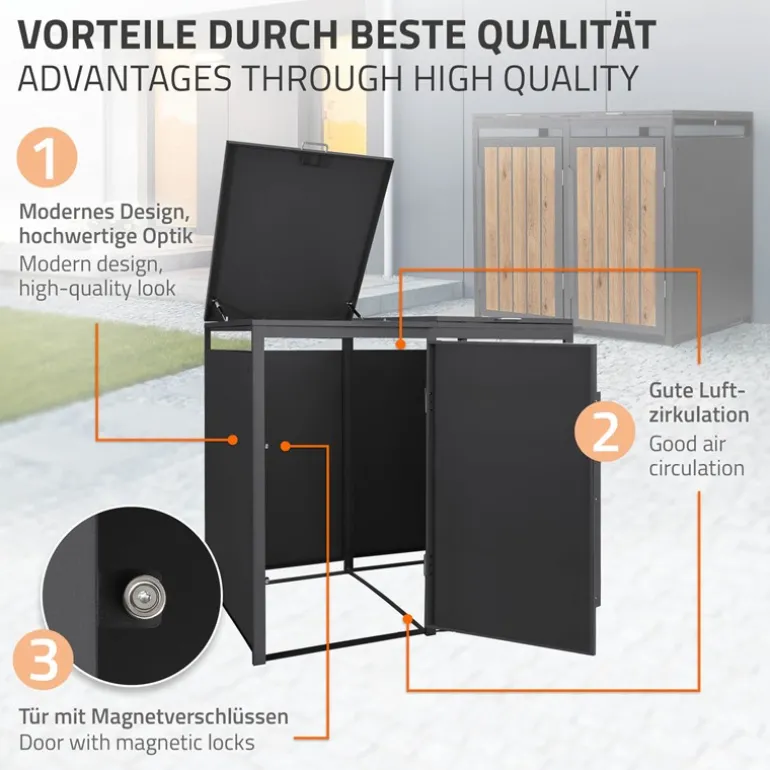 Mülltonnenbox 2er bis 240 Liter 132x80x120 cm aus Stahl in Anthrazit-Holzoptik ML-Design