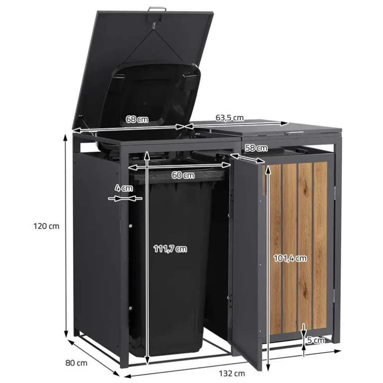 Mülltonnenbox 2er bis 240 Liter 132x80x120 cm aus Stahl in Anthrazit-Holzoptik ML-Design