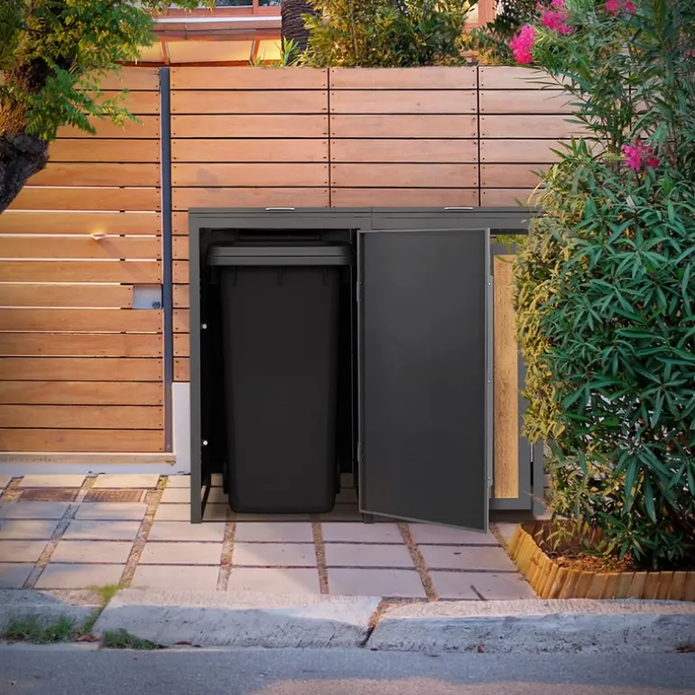 Mülltonnenbox 2er bis 240 Liter 132x80x120 cm aus Stahl in Anthrazit-Holzoptik ML-Design