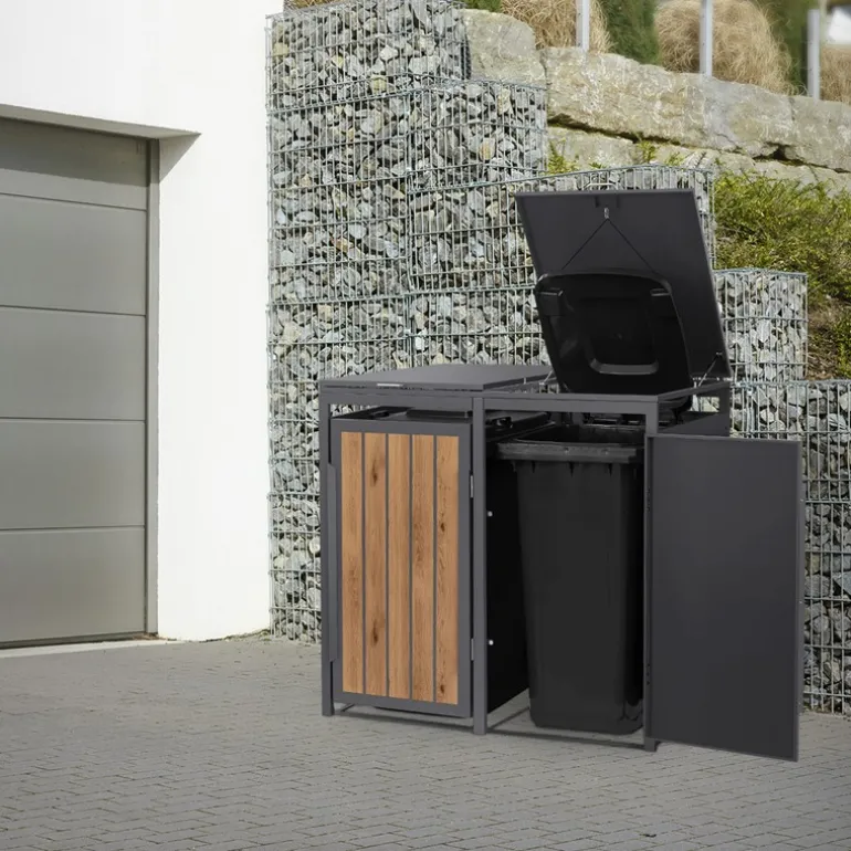 Mülltonnenbox 2er bis 240 Liter 132x80x120 cm aus Stahl in Anthrazit-Holzoptik ML-Design