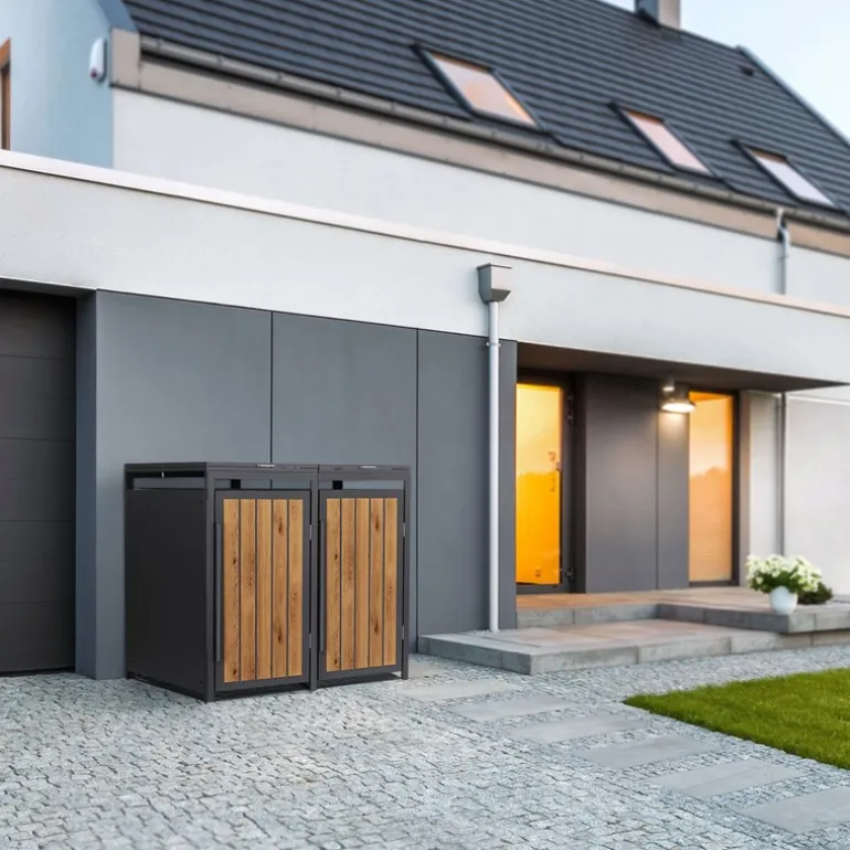 Mülltonnenbox 2er bis 240 Liter 132x80x120 cm aus Stahl in Anthrazit-Holzoptik ML-Design