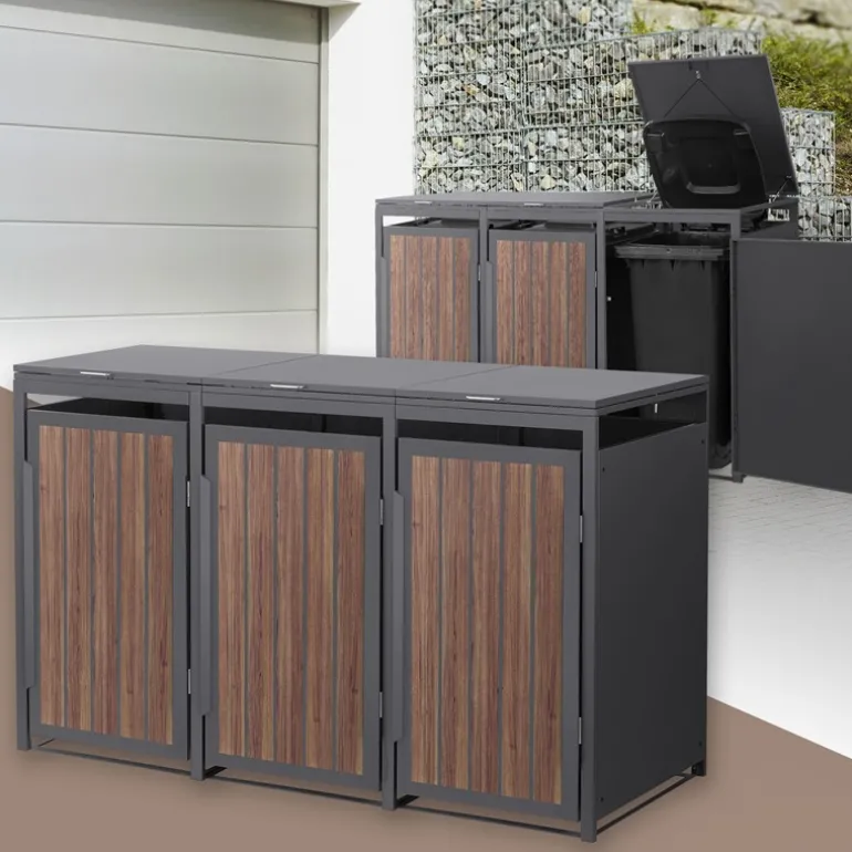 Mülltonnenbox 3er bis 240 Liter 196x80x120 cm aus Stahl in Anthrazit-Eiche dunkel ML-Design