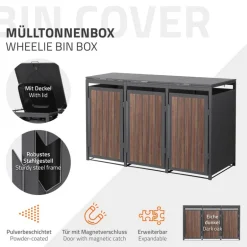 Mülltonnenbox 3er bis 240 Liter 196x80x120 cm aus Stahl in Anthrazit-Eiche dunkel ML-Design
