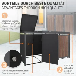 Mülltonnenbox 3er bis 240 Liter 196x80x120 cm aus Stahl in Anthrazit-Eiche dunkel ML-Design