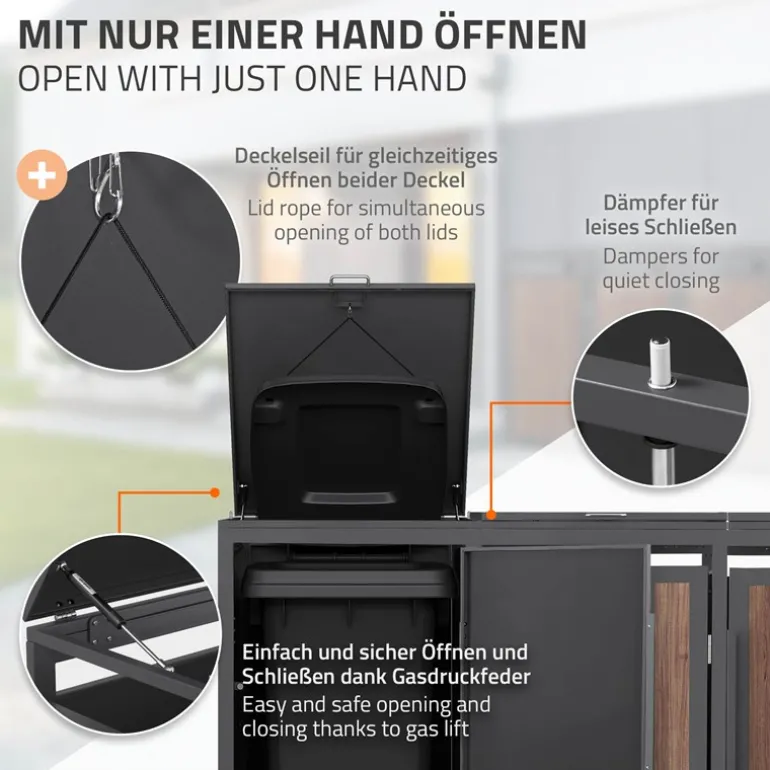 Mülltonnenbox 3er bis 240 Liter 196x80x120 cm aus Stahl in Anthrazit-Eiche dunkel ML-Design