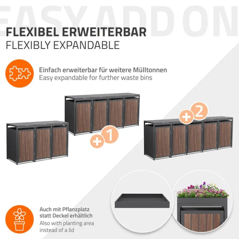 Mülltonnenbox 3er bis 240 Liter 196x80x120 cm aus Stahl in Anthrazit-Eiche dunkel ML-Design