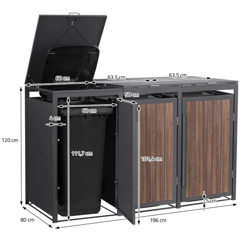 Mülltonnenbox 3er bis 240 Liter 196x80x120 cm aus Stahl in Anthrazit-Eiche dunkel ML-Design