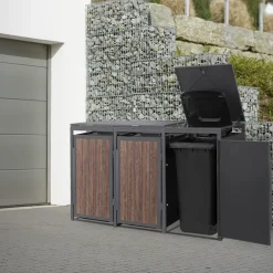 Mülltonnenbox 3er bis 240 Liter 196x80x120 cm aus Stahl in Anthrazit-Eiche dunkel ML-Design