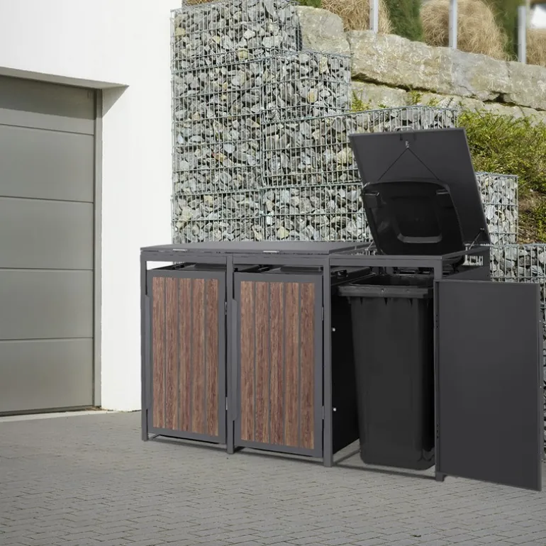 Mülltonnenbox 3er bis 240 Liter 196x80x120 cm aus Stahl in Anthrazit-Eiche dunkel ML-Design