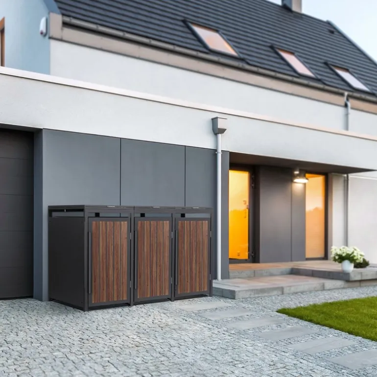 Mülltonnenbox 3er bis 240 Liter 196x80x120 cm aus Stahl in Anthrazit-Eiche dunkel ML-Design
