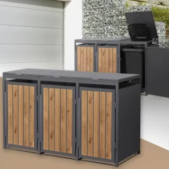 Mülltonnenbox 3er bis 240 Liter 196x80x120 cm aus Stahl in EAnthrazit-Holzoptik ML-Design