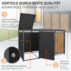 Mülltonnenbox 3er bis 240 Liter 196x80x120 cm aus Stahl in EAnthrazit-Holzoptik ML-Design