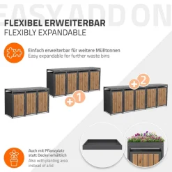 Mülltonnenbox 3er bis 240 Liter 196x80x120 cm aus Stahl in EAnthrazit-Holzoptik ML-Design