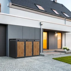 Mülltonnenbox 3er bis 240 Liter 196x80x120 cm aus Stahl in EAnthrazit-Holzoptik ML-Design