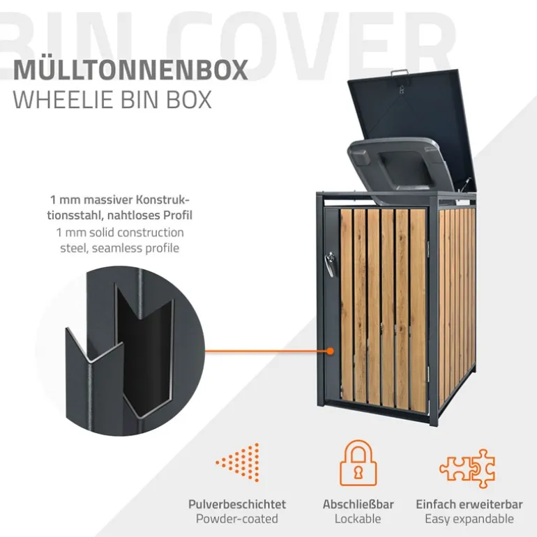Mülltonnenbox 1er bis 240L 68x80x116,3 cm aus Stahl in Eichenoptik ML-Design