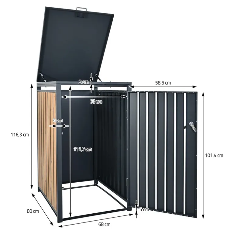 Mülltonnenbox 1er bis 240L 68x80x116,3 cm aus Stahl in Eichenoptik ML-Design