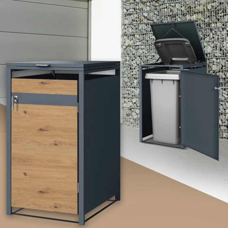 Mülltonnenbox 1er bis 240L 68x80x116,3 cm aus Stahl in Eichenoptik ML-Design