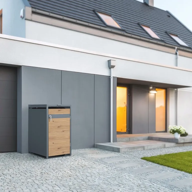Mülltonnenbox 1er bis 240L 68x80x116,3 cm aus Stahl in Eichenoptik ML-Design