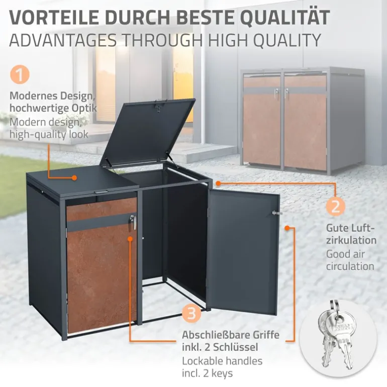 Mülltonnenbox 2er bis 240L 132x80x116,3 cm aus Stahl in Rostoptik ML-Design