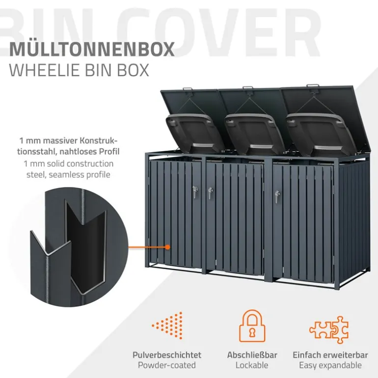 Mülltonnenbox 3er bis 240L 200x80x116,3 cm aus Stahl in Anthrazit ML-Design