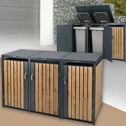 Mülltonnenbox 3er bis 240L 200x80x116,3 cm aus Stahl in Eichenoptik ML-Design