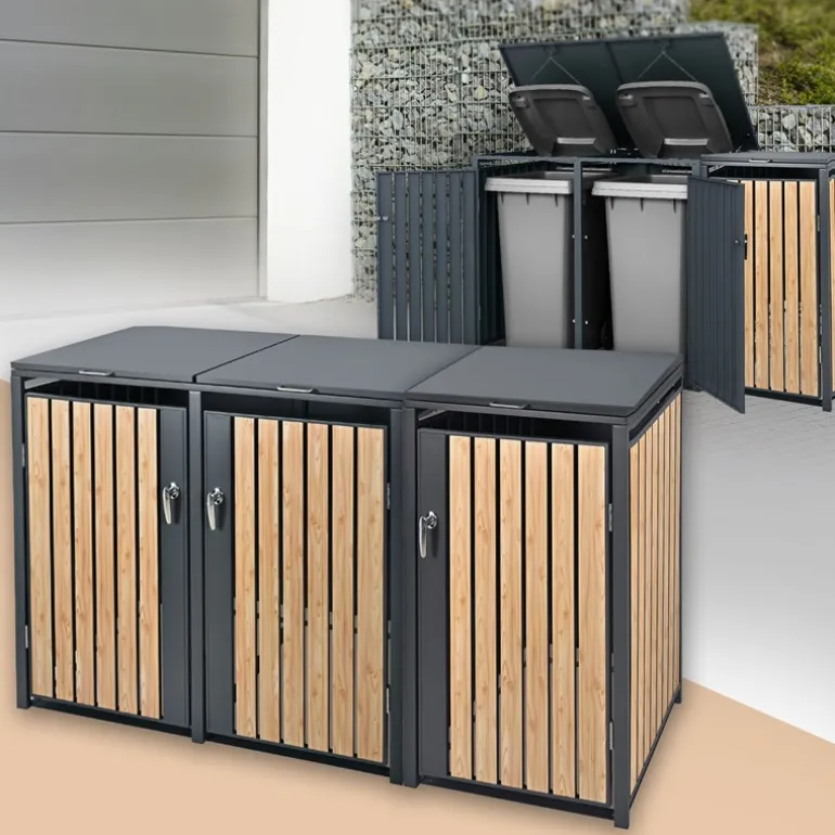 Mülltonnenbox 3er bis 240L 200x80x116,3 cm aus Stahl in Lärchenoptik ML-Design