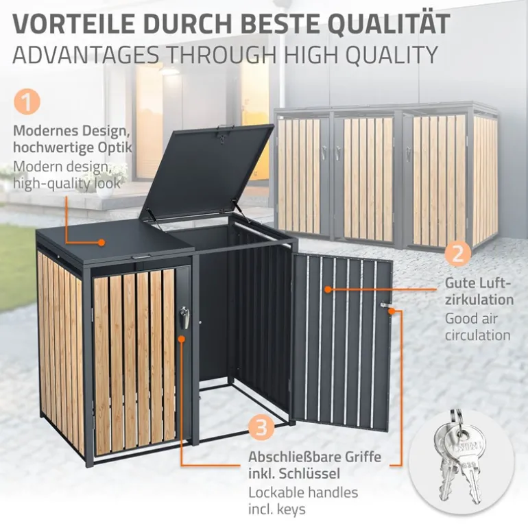Mülltonnenbox 3er bis 240L 200x80x116,3 cm aus Stahl in Lärchenoptik ML-Design