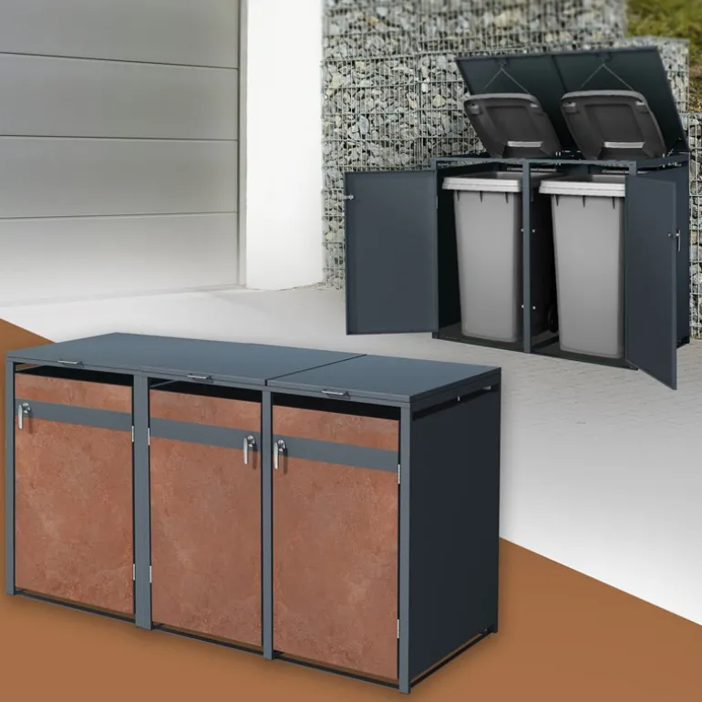 Mülltonnenbox 3er bis 240L 200x80x116,3 cm aus Stahl in Rostoptik ML-Design