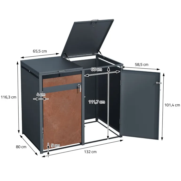 Mülltonnenbox 3er bis 240L 200x80x116,3 cm aus Stahl in Rostoptik ML-Design