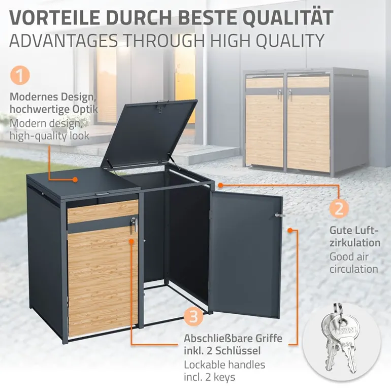 Mülltonnenbox 4er bis 240L 264x80x116,3 cm aus Stahl in Lärchenoptik ML-Design