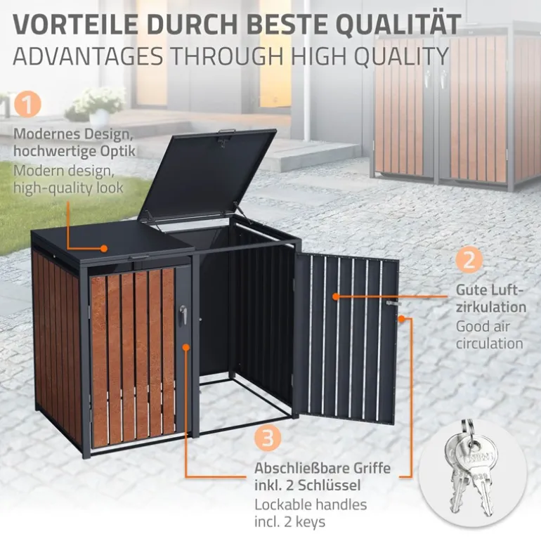 Mülltonnenbox 4er bis 240L 264x80x116,3 cm aus Stahl in Rostoptik ML-Design