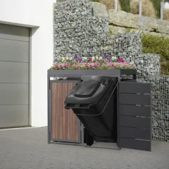 Mülltonnenbox mit Pflanzdach 2er bis 240 Liter 132x80x124 cm aus Stahl in Anthrazit-Eiche dunkel ML-Design