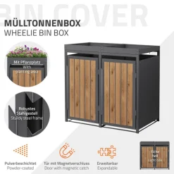Mülltonnenbox mit Pflanzdach 2er bis 240 Liter 132x80x124 cm aus Stahl in Anthrazit-Holzoptik ML-Design