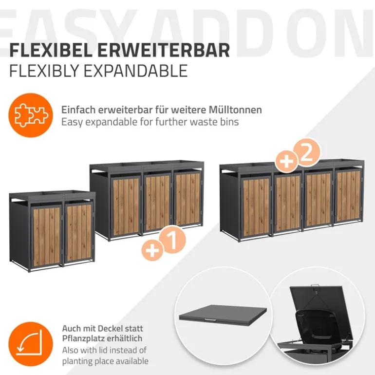 Mülltonnenbox mit Pflanzdach 2er bis 240 Liter 132x80x124 cm aus Stahl in Anthrazit-Holzoptik ML-Design