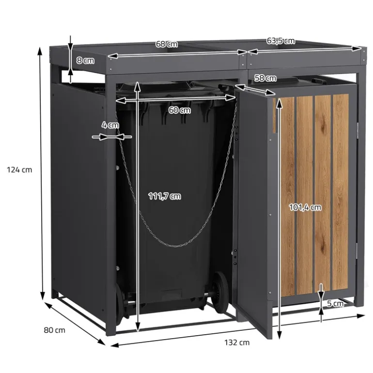 Mülltonnenbox mit Pflanzdach 2er bis 240 Liter 132x80x124 cm aus Stahl in Anthrazit-Holzoptik ML-Design