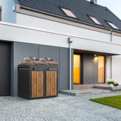 Mülltonnenbox mit Pflanzdach 2er bis 240 Liter 132x80x124 cm aus Stahl in Anthrazit-Holzoptik ML-Design