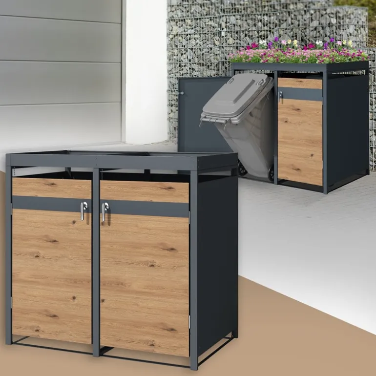 Mülltonnenbox mit Pflanzdach 2er bis 240L 132x80x124 cm aus Stahl in Eichenoptik ML-Design