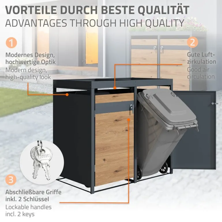 Mülltonnenbox mit Pflanzdach 2er bis 240L 132x80x124 cm aus Stahl in Eichenoptik ML-Design