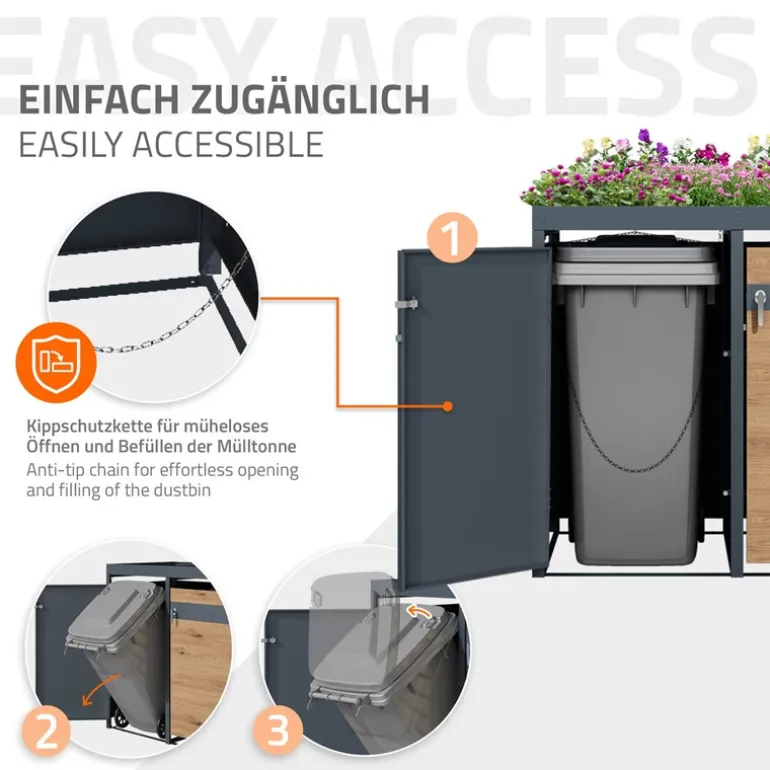 Mülltonnenbox mit Pflanzdach 2er bis 240L 132x80x124 cm aus Stahl in Eichenoptik ML-Design