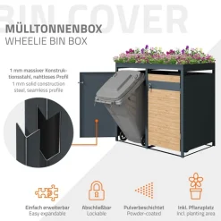 Mülltonnenbox mit Pflanzdach 2er bis 240L 132x80x124 cm aus Stahl in Lärchenoptik ML-Design