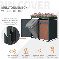 Mülltonnenbox mit Pflanzdach 2er bis 240L 132x80x124 cm aus Stahl in Rostoptik ML-Design