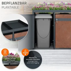 Mülltonnenbox mit Pflanzdach 2er bis 240L 132x80x124 cm aus Stahl in Rostoptik ML-Design