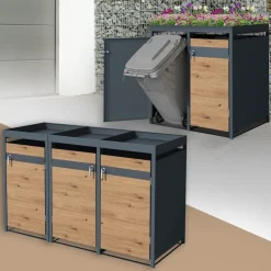 Mülltonnenbox mit Pflanzdach 3er bis 240L 200x80x124 cm aus Stahl in Eichenoptik ML-Design