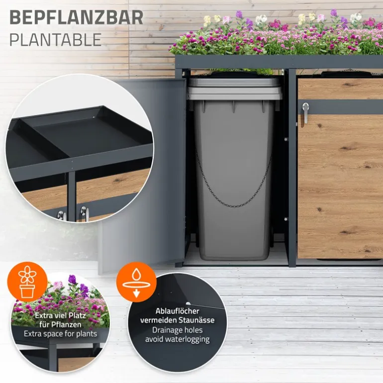 Mülltonnenbox mit Pflanzdach 3er bis 240L 200x80x124 cm aus Stahl in Eichenoptik ML-Design