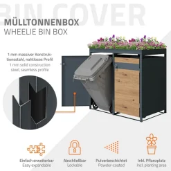 Mülltonnenbox mit Pflanzdach 4er bis 240L 264x80x124 cm aus Stahl in Eichenoptik ML-Design