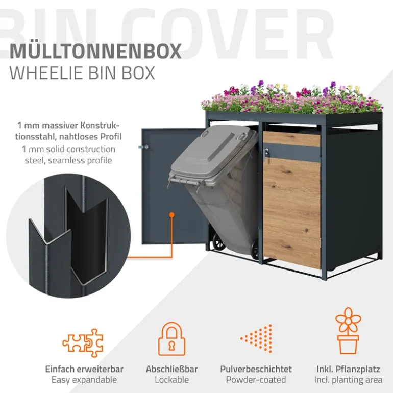 Mülltonnenbox mit Pflanzdach 4er bis 240L 264x80x124 cm aus Stahl in Eichenoptik ML-Design