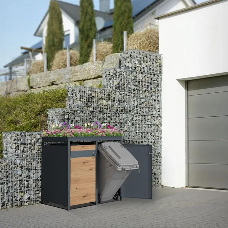 Mülltonnenbox mit Pflanzdach 4er bis 240L 264x80x124 cm aus Stahl in Eichenoptik ML-Design