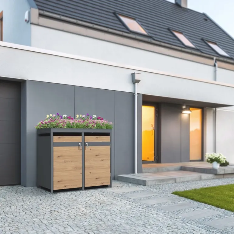 Mülltonnenbox mit Pflanzdach 4er bis 240L 264x80x124 cm aus Stahl in Eichenoptik ML-Design
