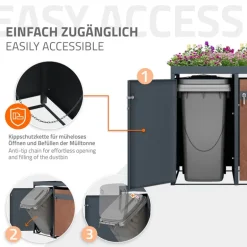 Mülltonnenbox mit Pflanzdach 4er bis 240L 264x80x124 cm aus Stahl in Rostoptik ML-Design